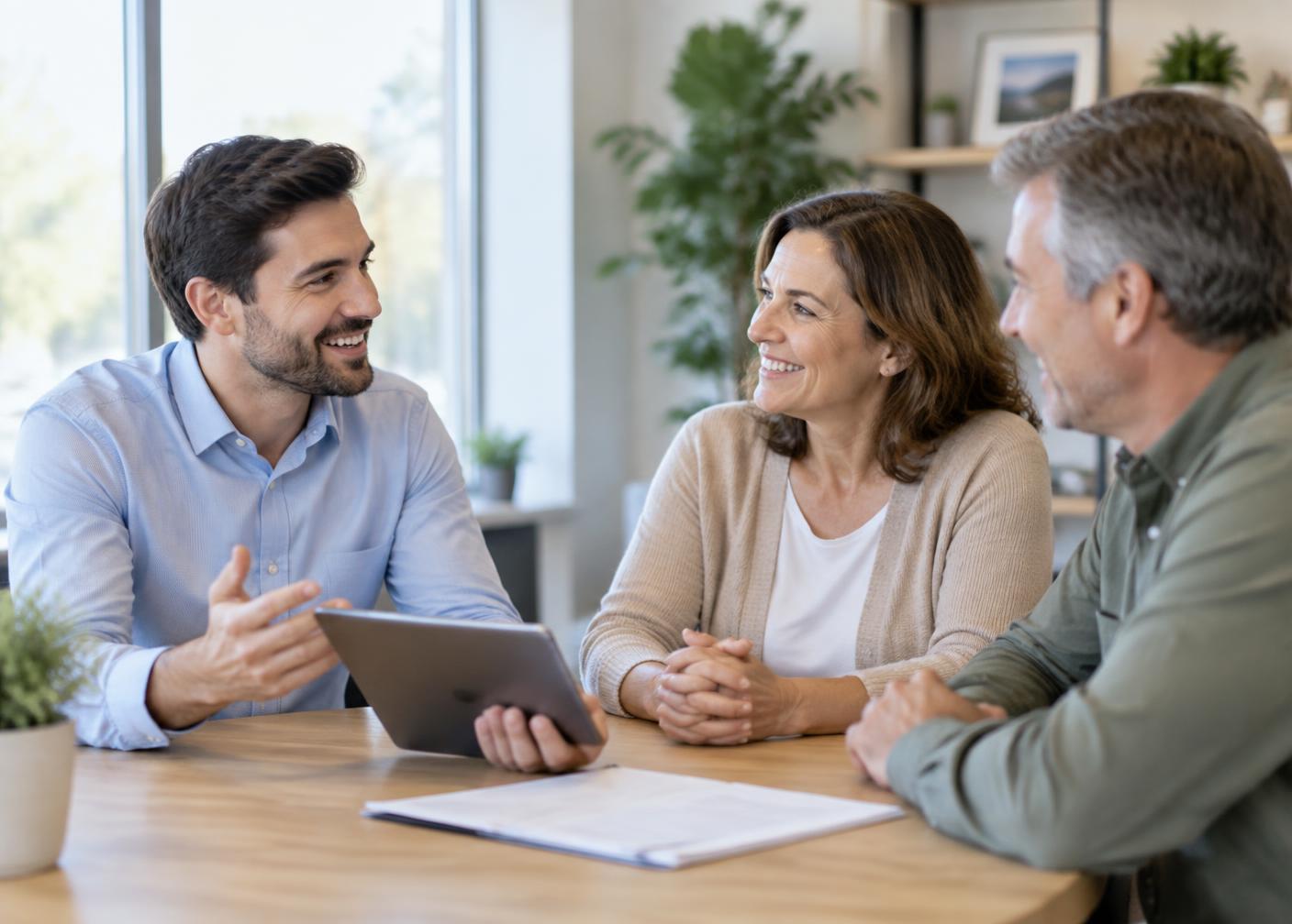 An insurance advisor talking with a couple at a table
