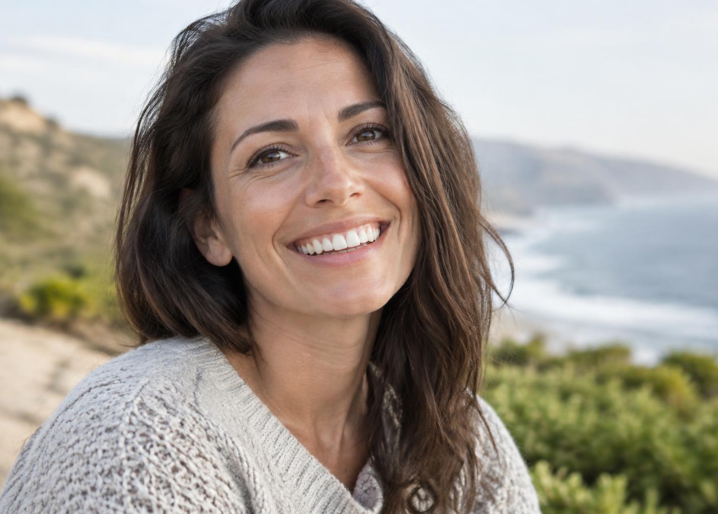 A smiling woman outdoors in soft daylight