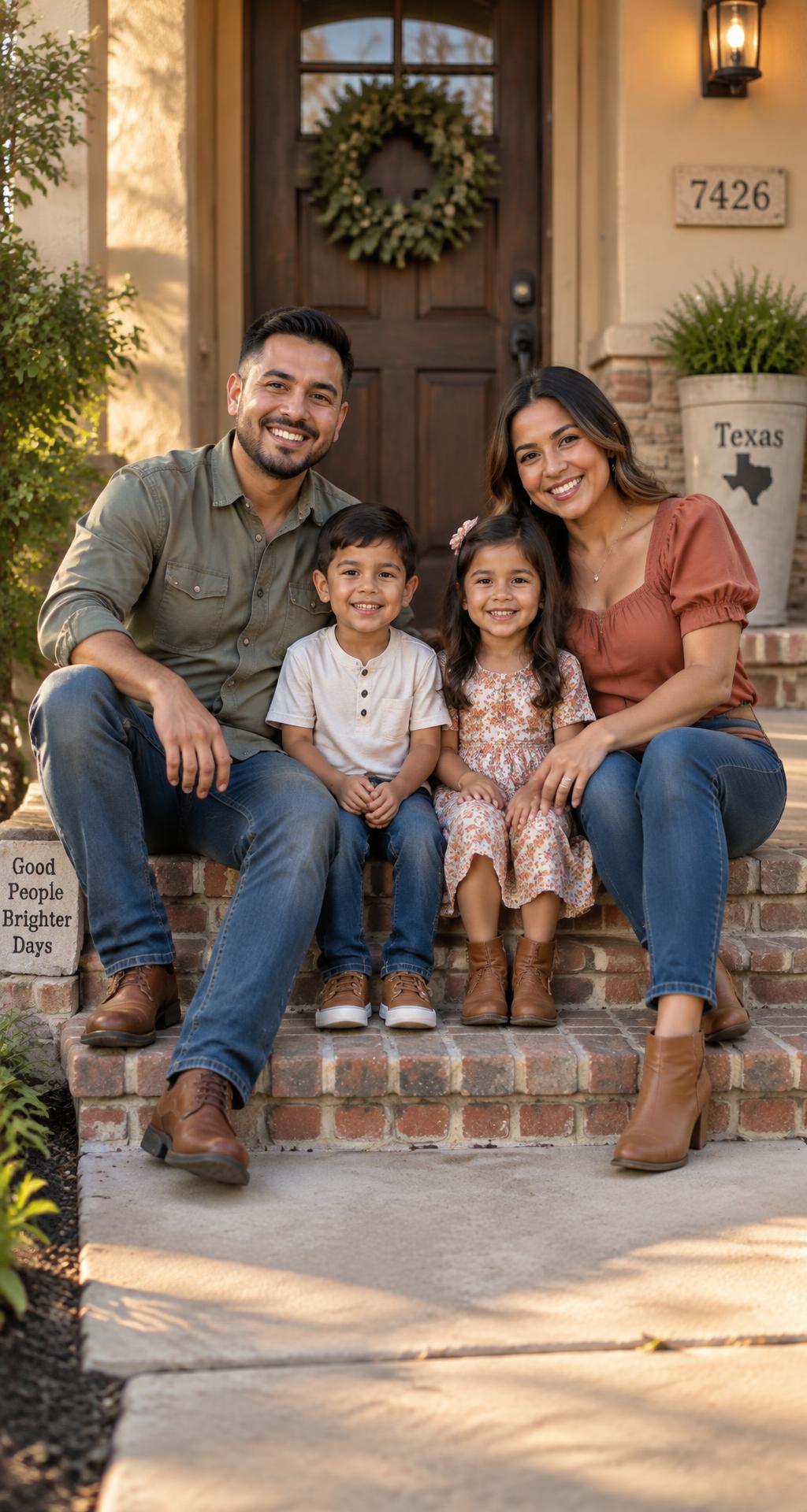 A family sitting together on the front steps of their home