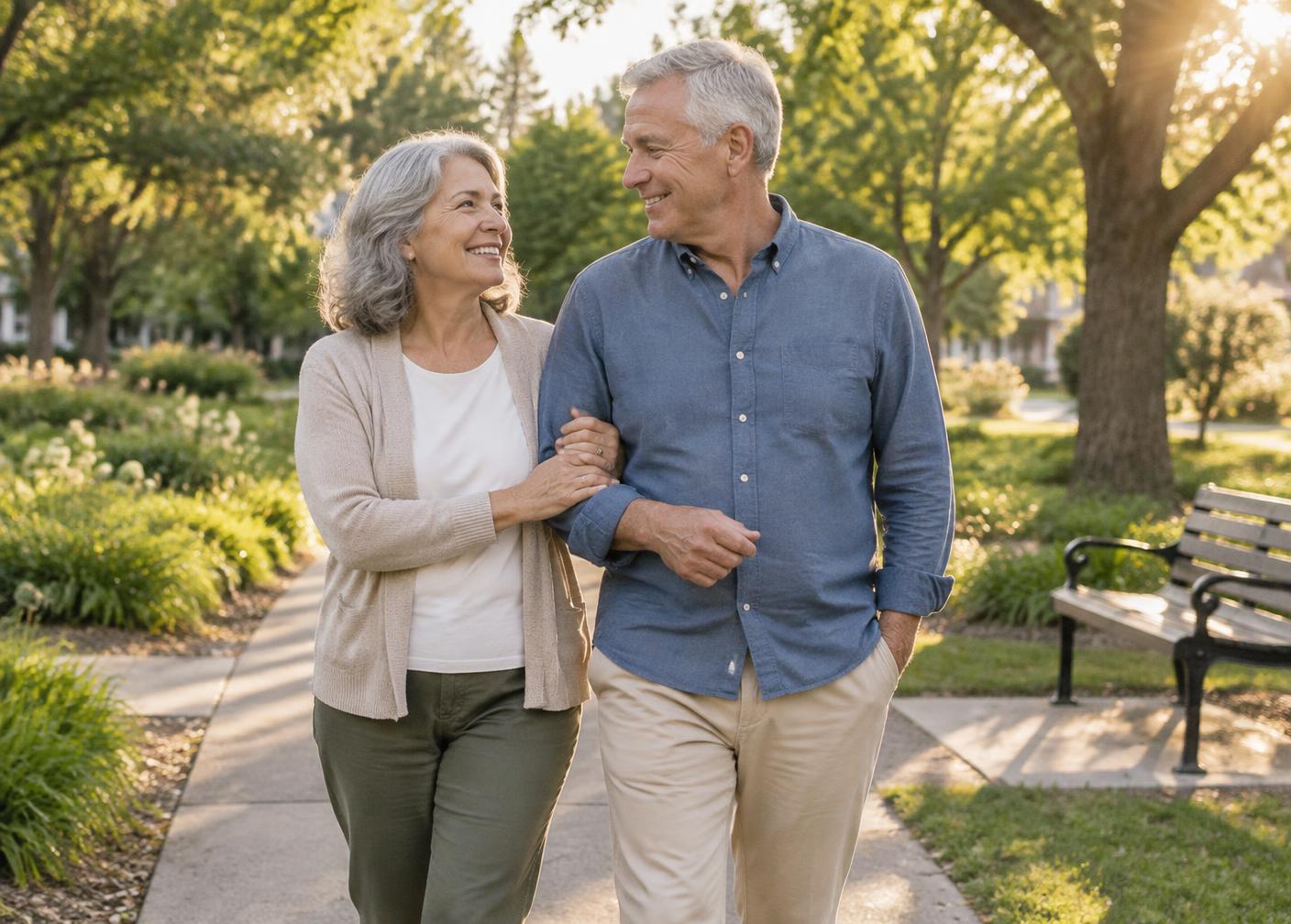 An older couple walking together through a neighborhood park